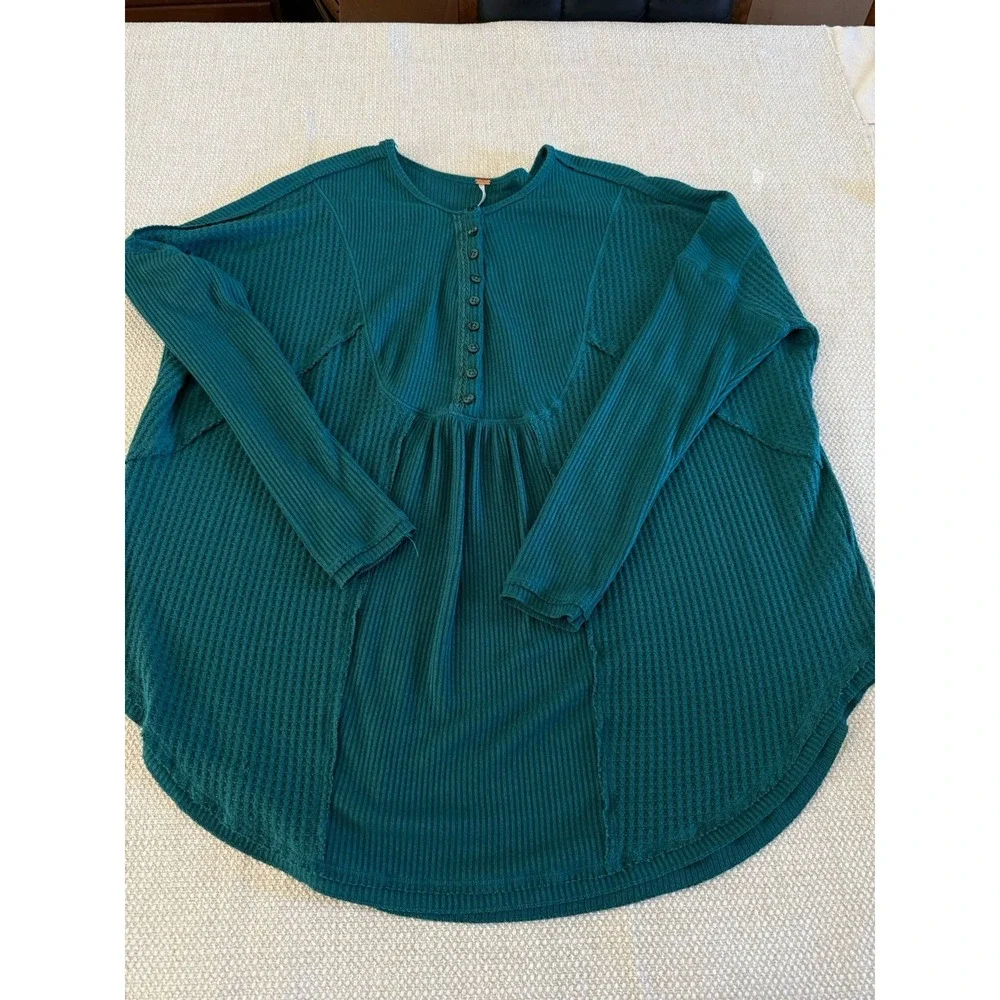 Free People White Mixed‎ Knit Henley Thermal Long Sleeve Top Aqua Size S
